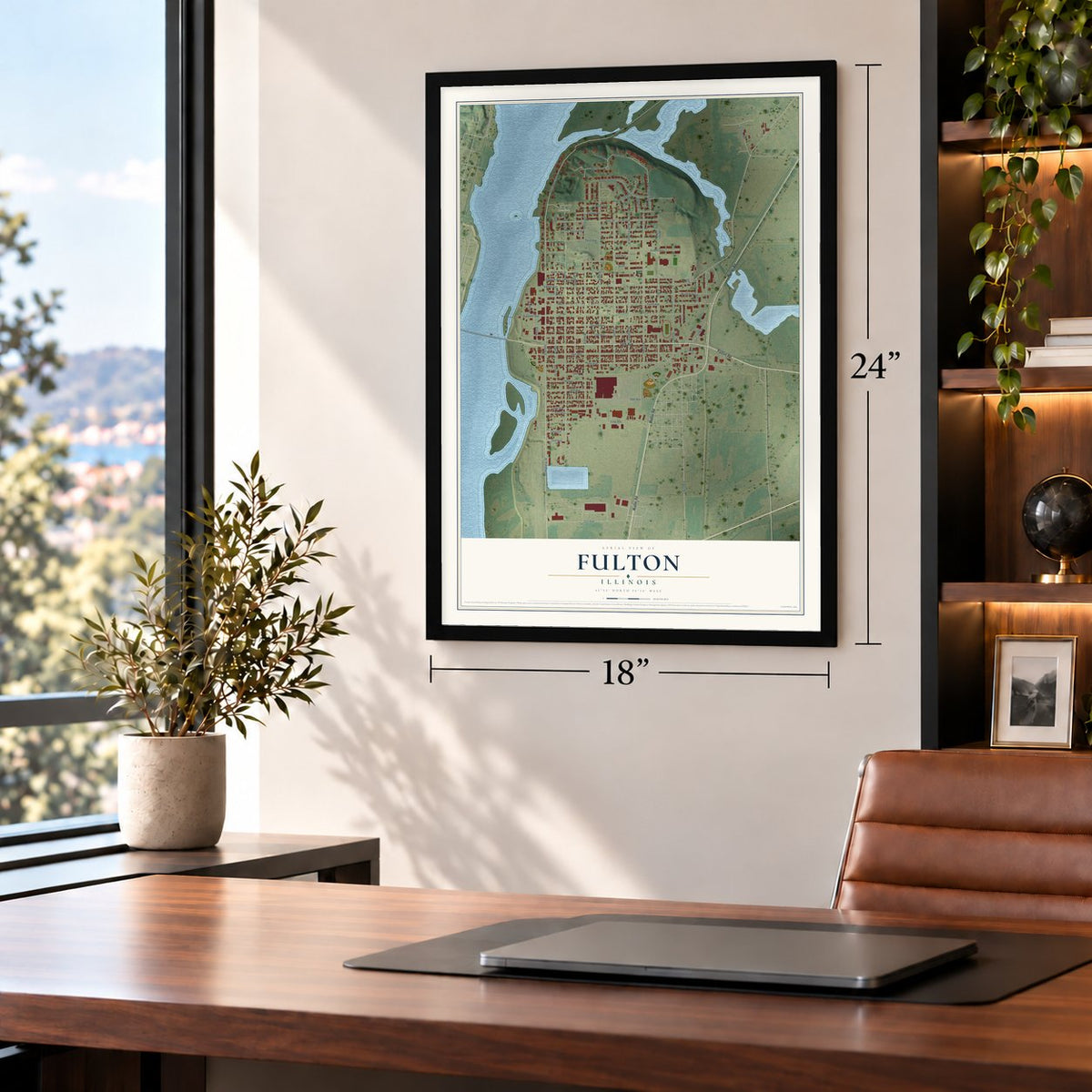 Fulton, Illinois map, 18 x 24 inch print in a black frame in a home office