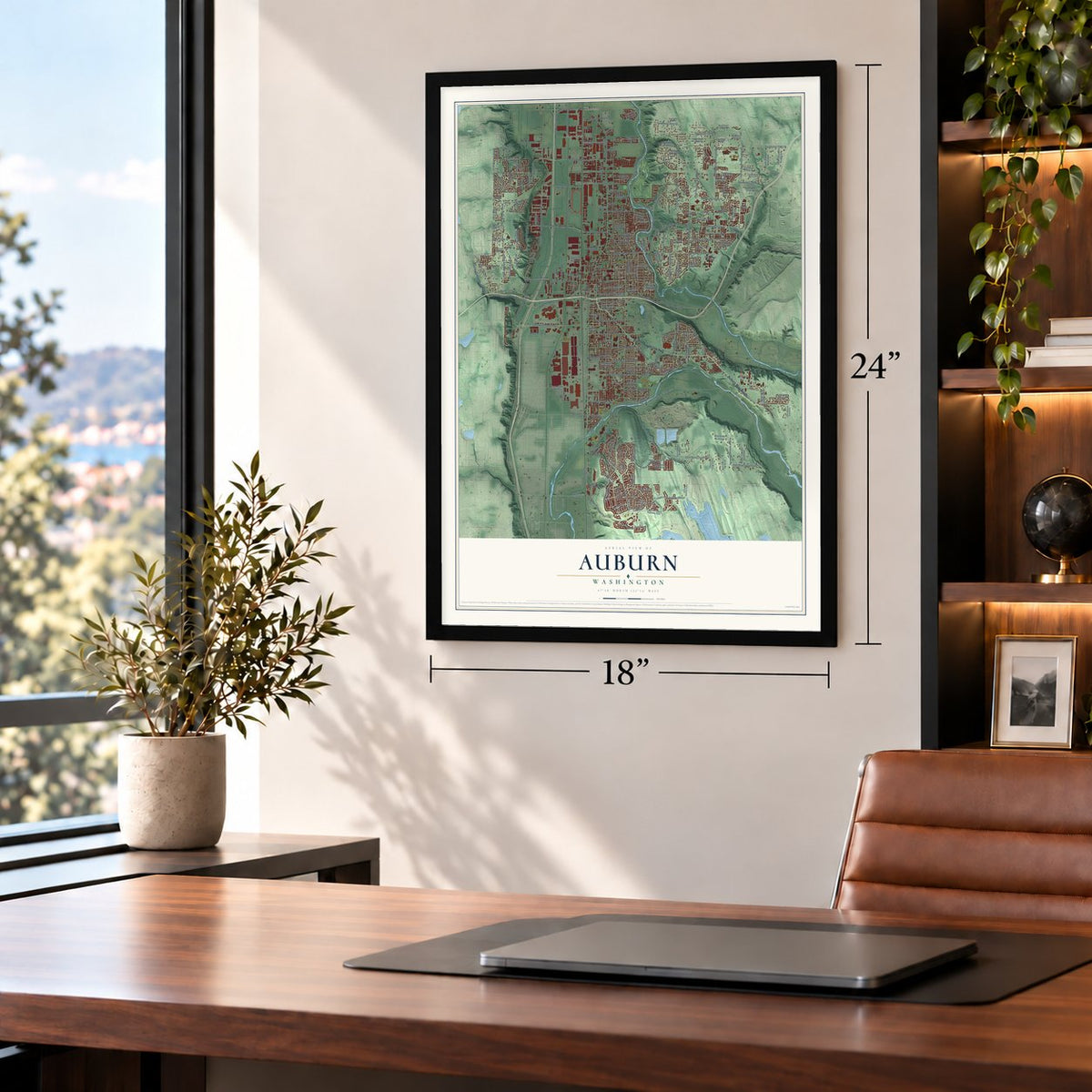 Auburn, Washington map, 18 x 24 inch print in a black frame in a home office