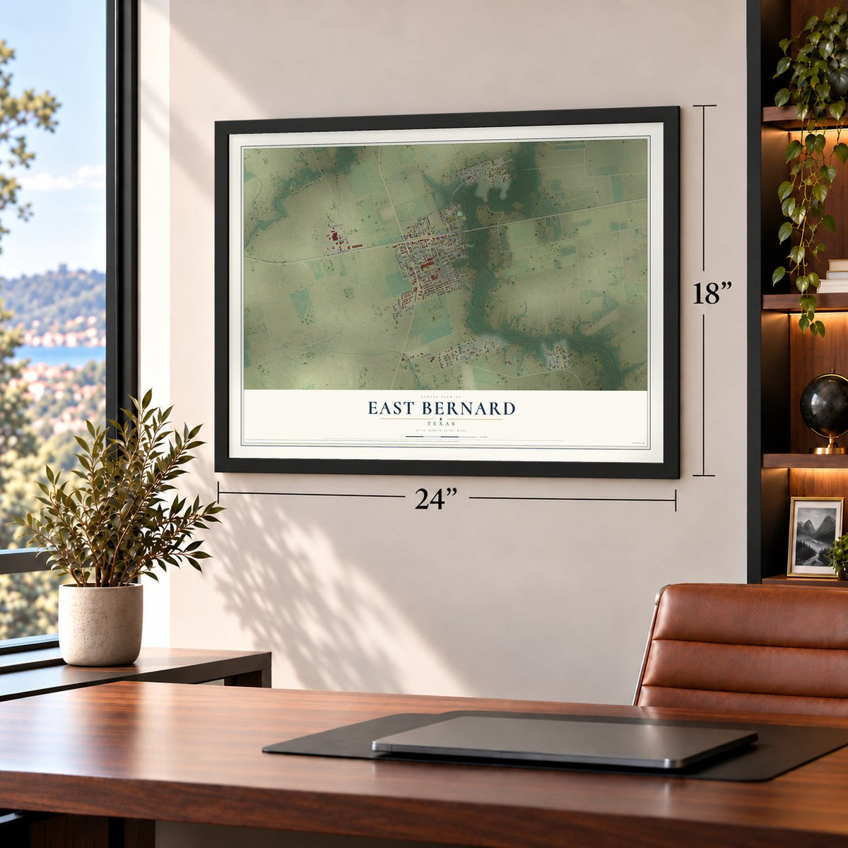 East Bernard, Texas map, 18 x 24 inch print in a black frame in a home office