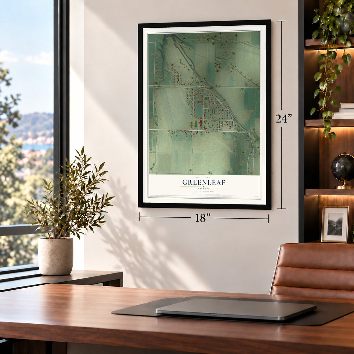 Greenleaf, Idaho map, 18 x 24 inch print in a black frame in a home office