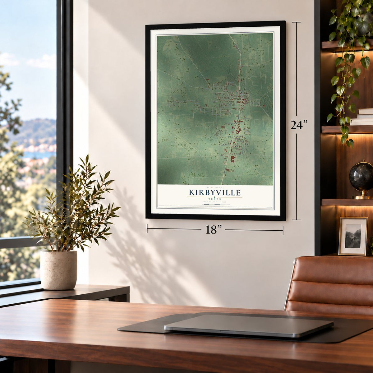 Kirbyville, Texas map, 18 x 24 inch print in a black frame in a home office