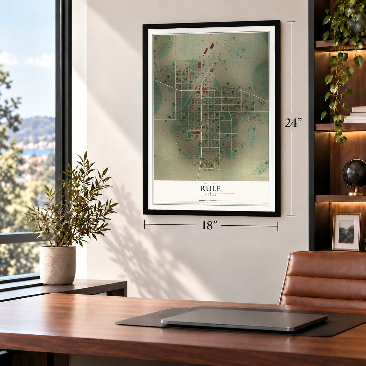 Rule, Texas map, 18 x 24 inch print in a black frame in a home office