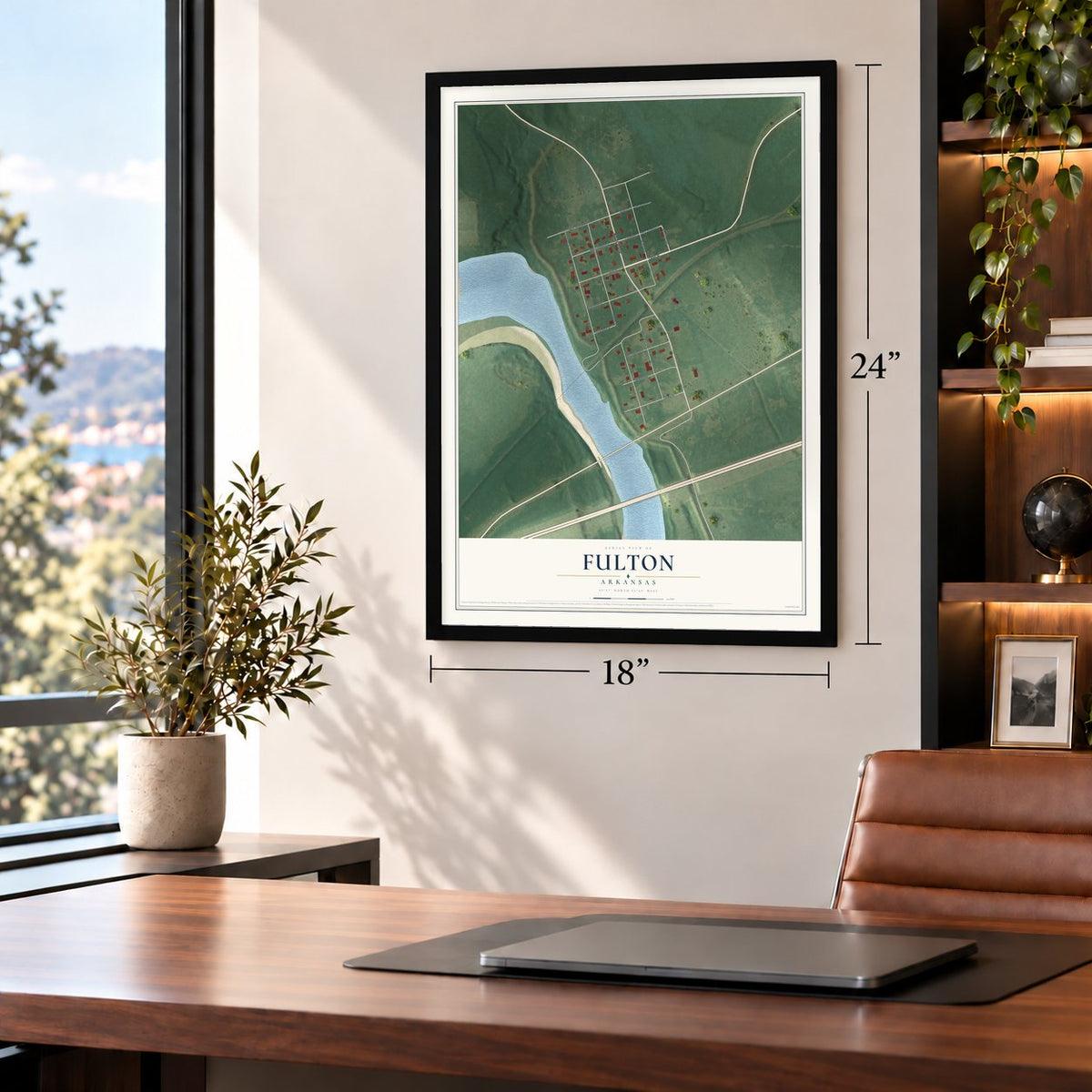 Fulton, Arkansas map, 18 x 24 inch print in a black frame in a home office
