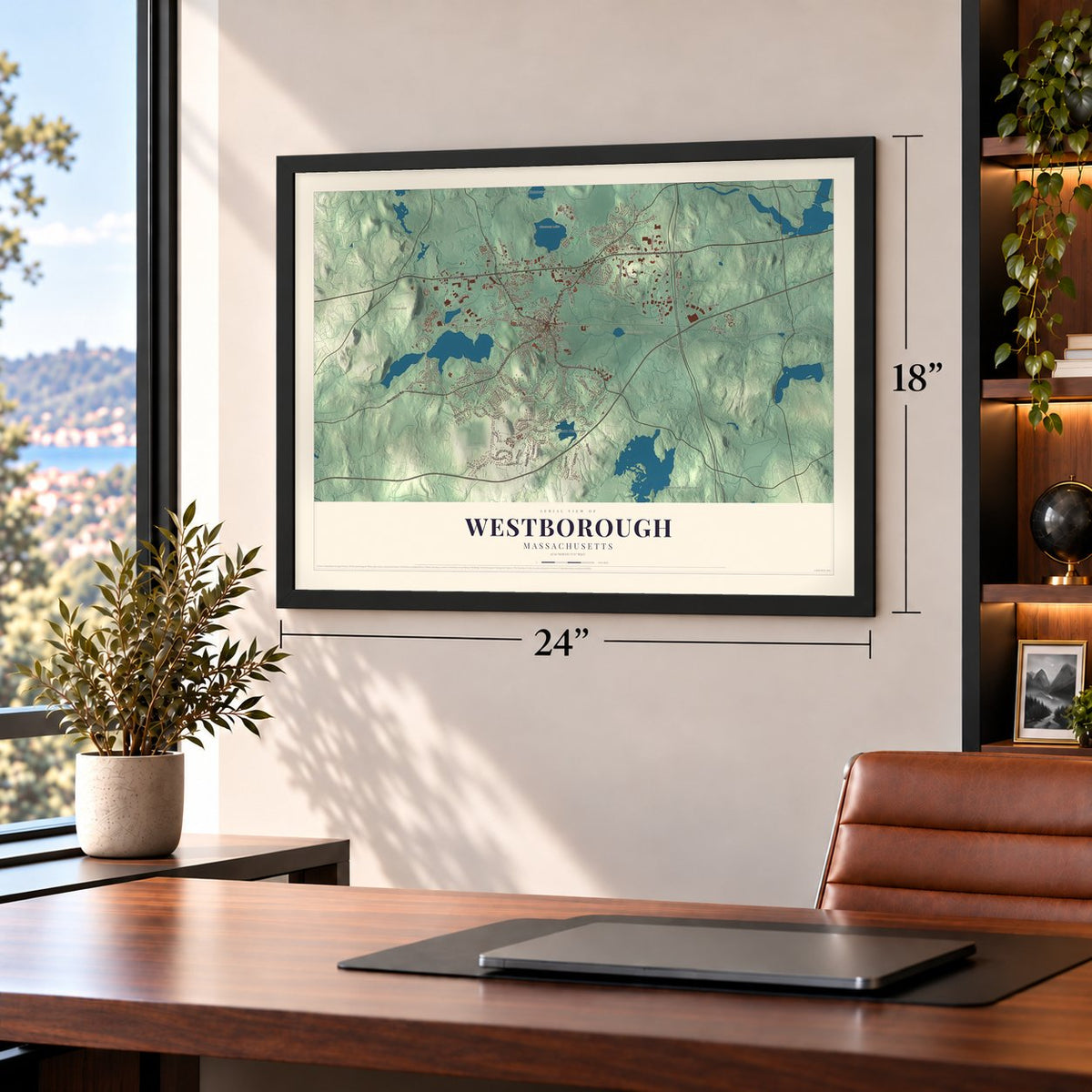 Westborough, Massachusetts map, 18 x 24 inch print in a black frame in a home office