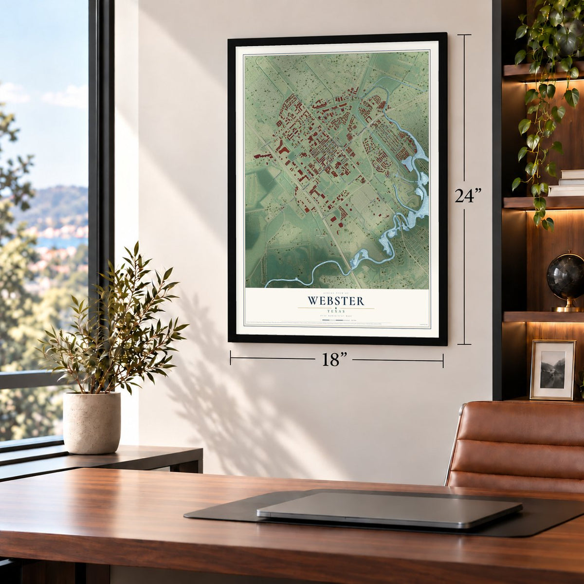 Webster, Texas map, 18 x 24 inch print in a black frame in a home office