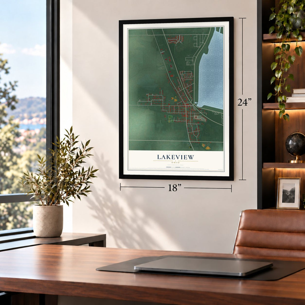 Lakeview, Ohio map, 18 x 24 inch print in a black frame in a home office