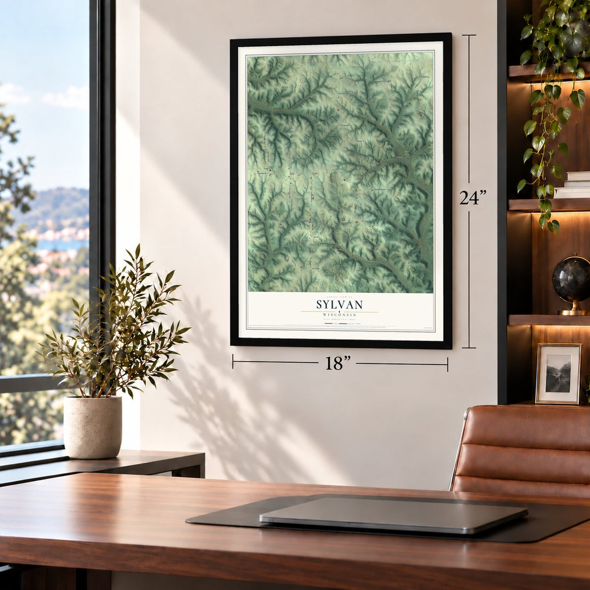Sylvan, Wisconsin map, 18 x 24 inch print in a black frame in a home office