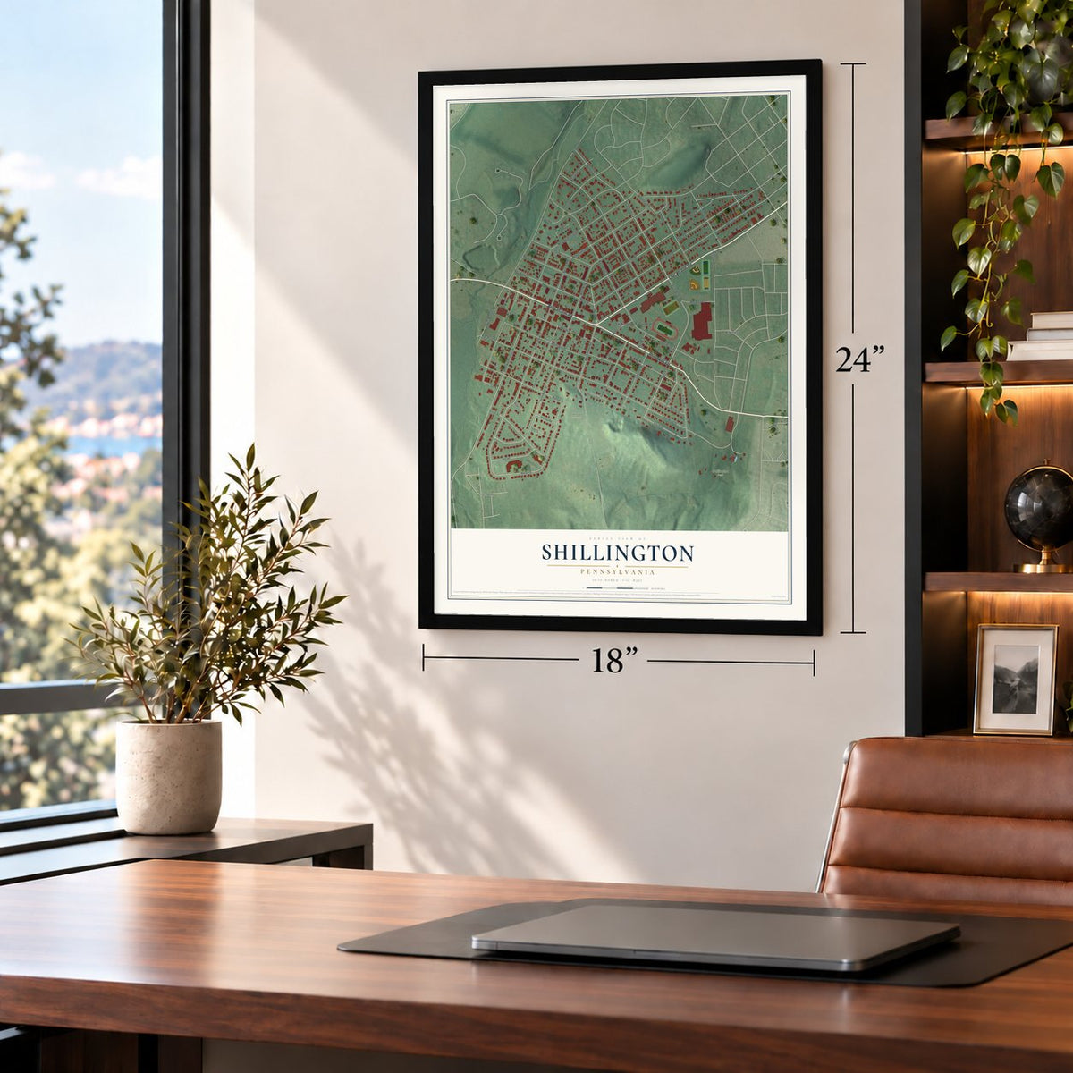 Shillington, Pennsylvania map, 18 x 24 inch print in a black frame in a home office