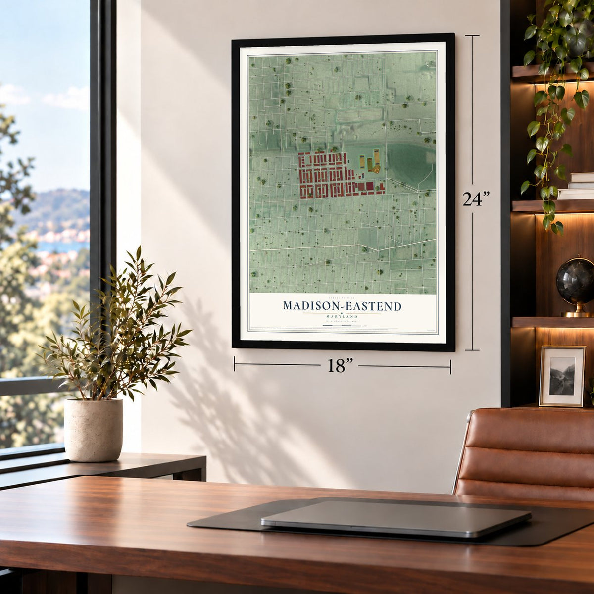 Madison-Eastend, Maryland map, 18 x 24 inch print in a black frame in a home office