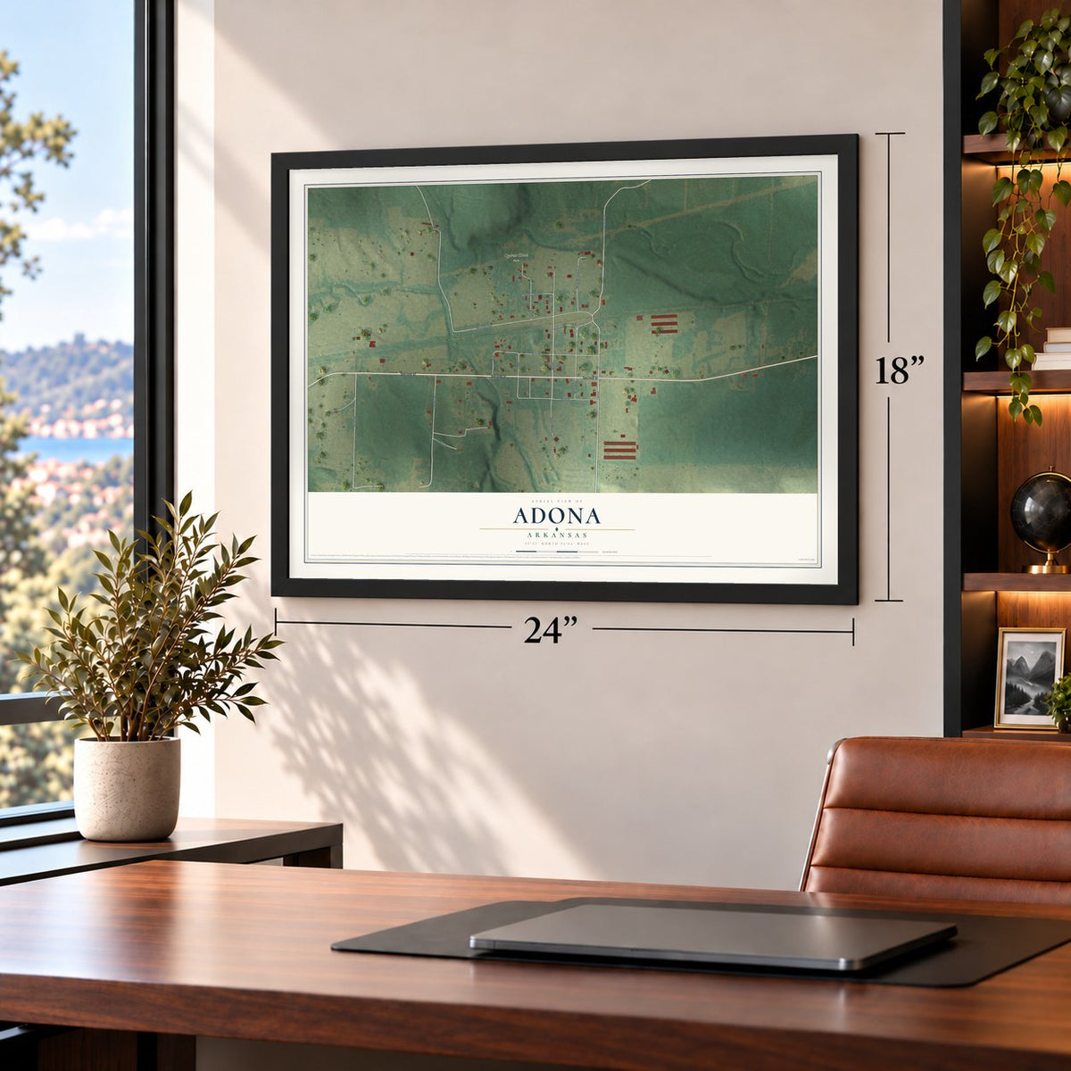 Adona, Arkansas map, 18 x 24 inch print in a black frame in a home office