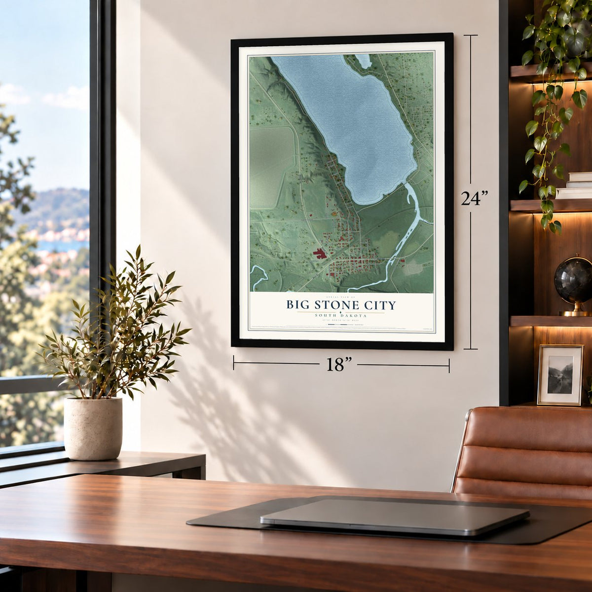 Big Stone City, South Dakota map, 18 x 24 inch print in a black frame in a home office