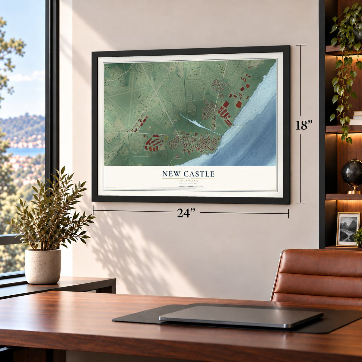 New Castle, Delaware map, 18 x 24 inch print in a black frame in a home office