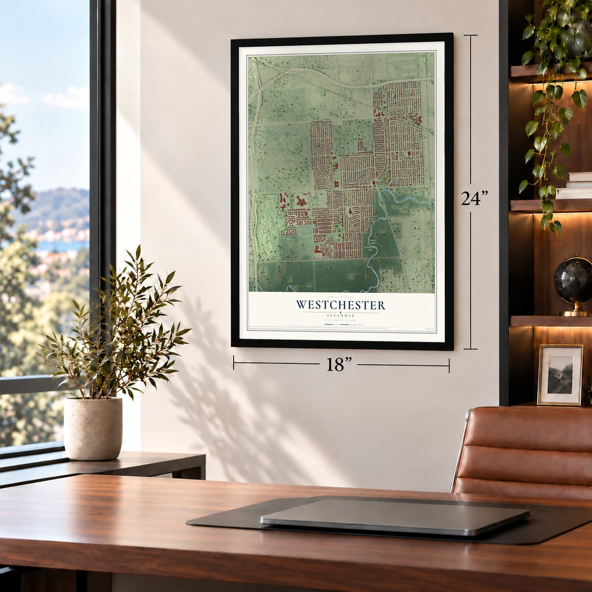Westchester, Illinois map, 18 x 24 inch print in a black frame in a home office
