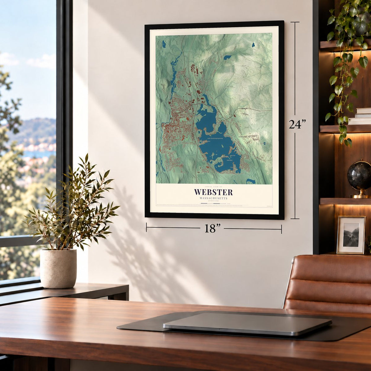 Webster, Massachusetts map, 18 x 24 inch print in a black frame in a home office