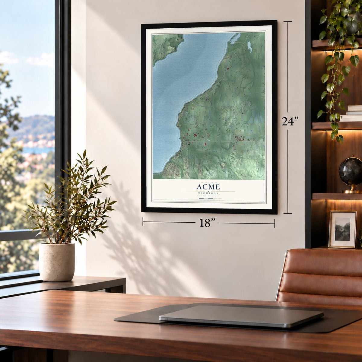 Acme, Michigan map, 18 x 24 inch print in a black frame in a home office