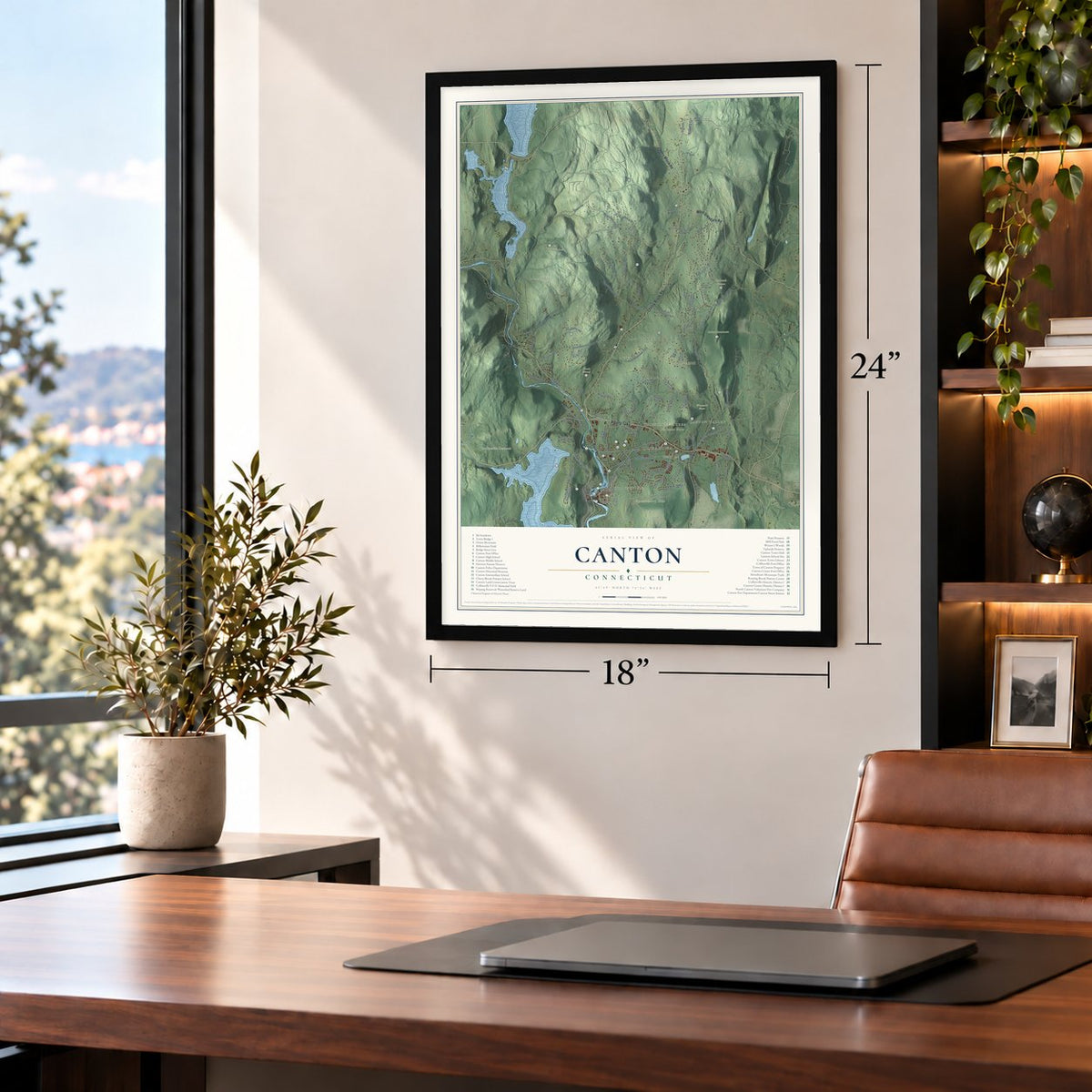 Canton, Connecticut map, 18 x 24 inch print in a black frame in a home office