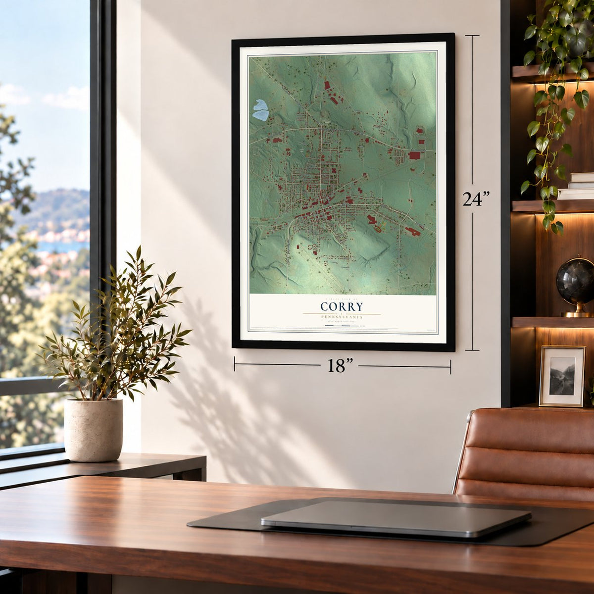 Corry, Pennsylvania map, 18 x 24 inch print in a black frame in a home office