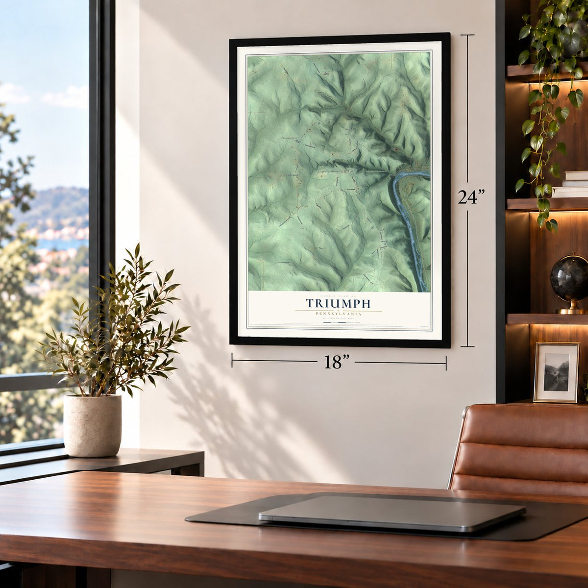 Triumph, Pennsylvania map, 18 x 24 inch print in a black frame in a home office