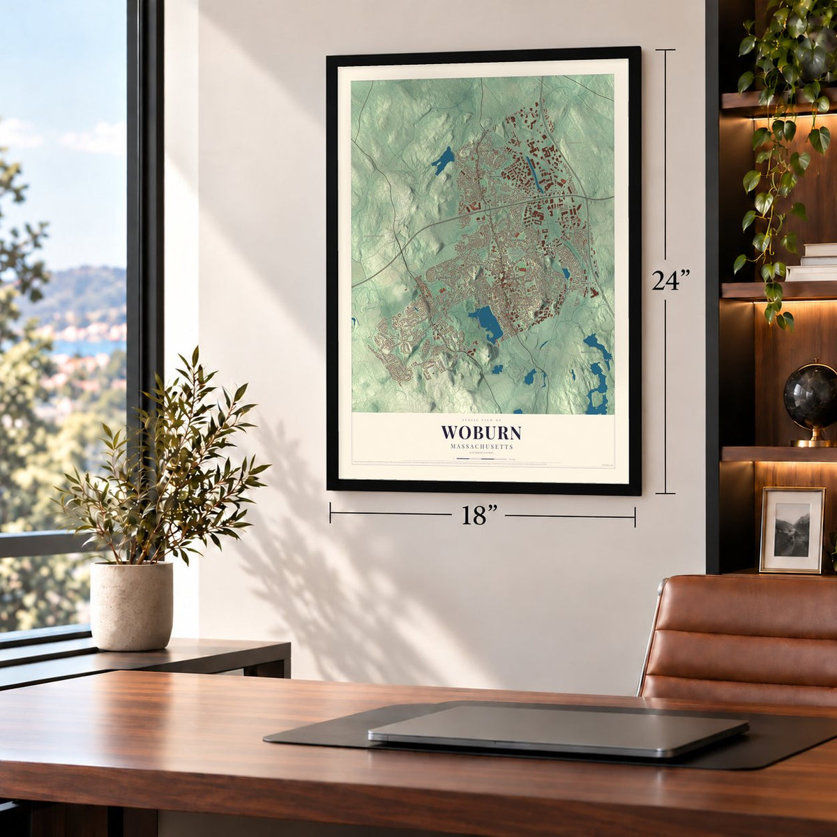 Woburn, Massachusetts map, 18 x 24 inch print in a black frame in a home office
