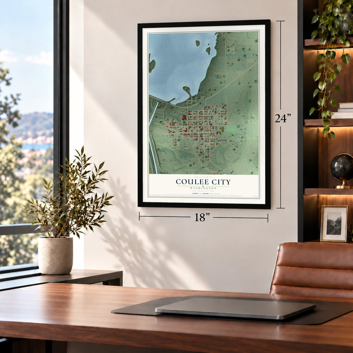 Coulee City, Washington map, 18 x 24 inch print in a black frame in a home office