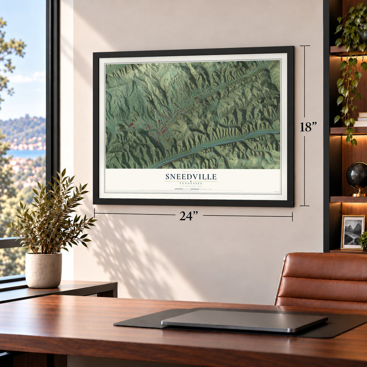 Sneedville, Tennessee map, 18 x 24 inch print in a black frame in a home office