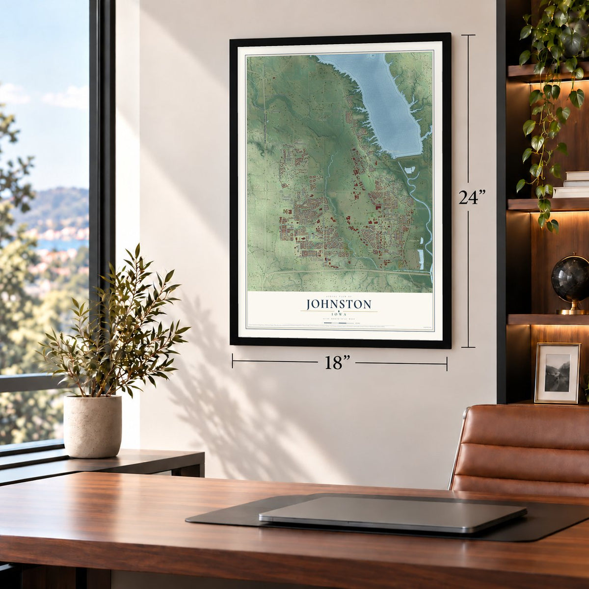 Johnston, Iowa map, 18 x 24 inch print in a black frame in a home office