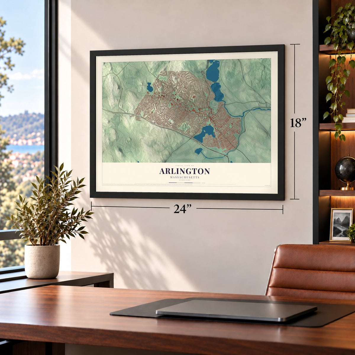 Arlington, Massachusetts map, 18 x 24 inch print in a black frame in a home office