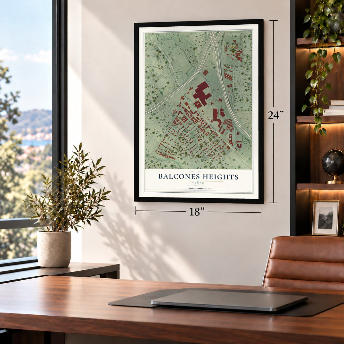 Balcones Heights, Texas map, 18 x 24 inch print in a black frame in a home office