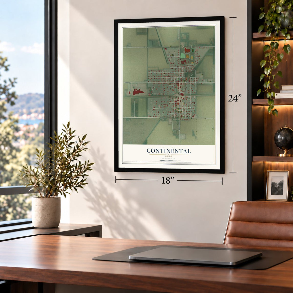 Continental, Ohio map, 18 x 24 inch print in a black frame in a home office