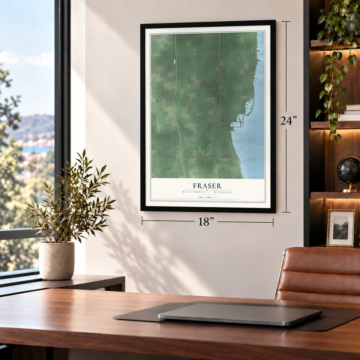 Fraser, Bay County, Michigan map, 18 x 24 inch print in a black frame in a home office