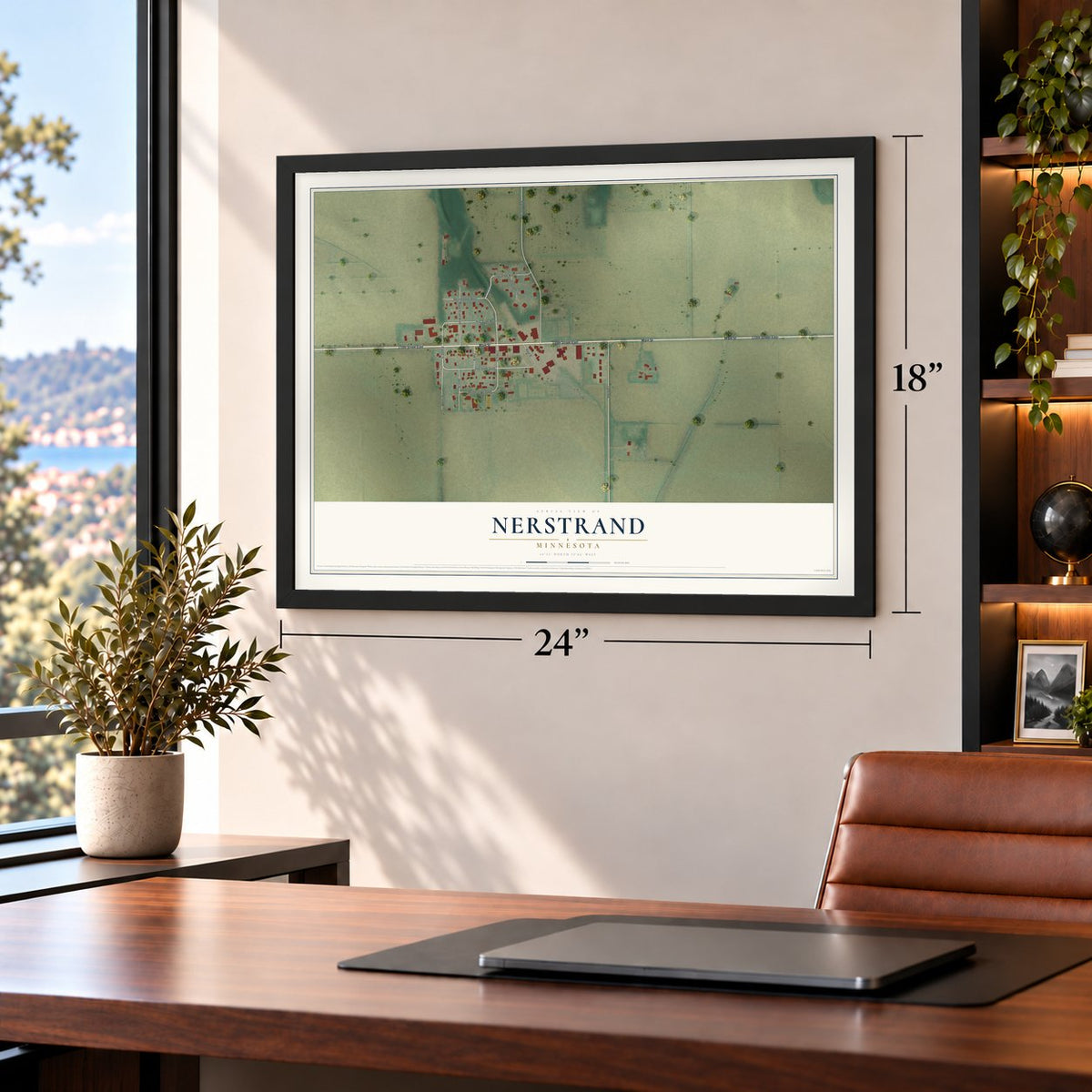 Nerstrand, Minnesota map, 18 x 24 inch print in a black frame in a home office