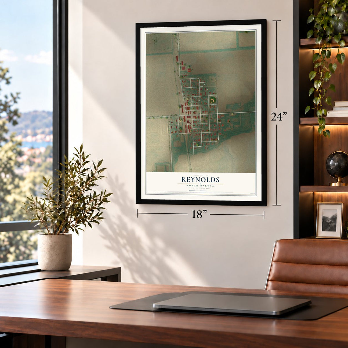 Reynolds, North Dakota map, 18 x 24 inch print in a black frame in a home office