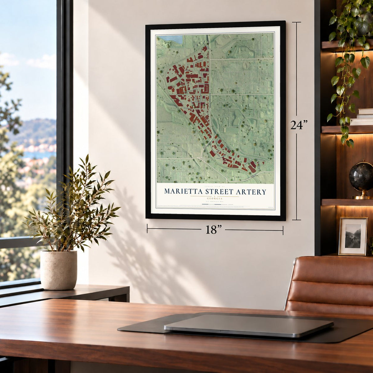 Marietta Street Artery, Georgia map, 18 x 24 inch print in a black frame in a home office