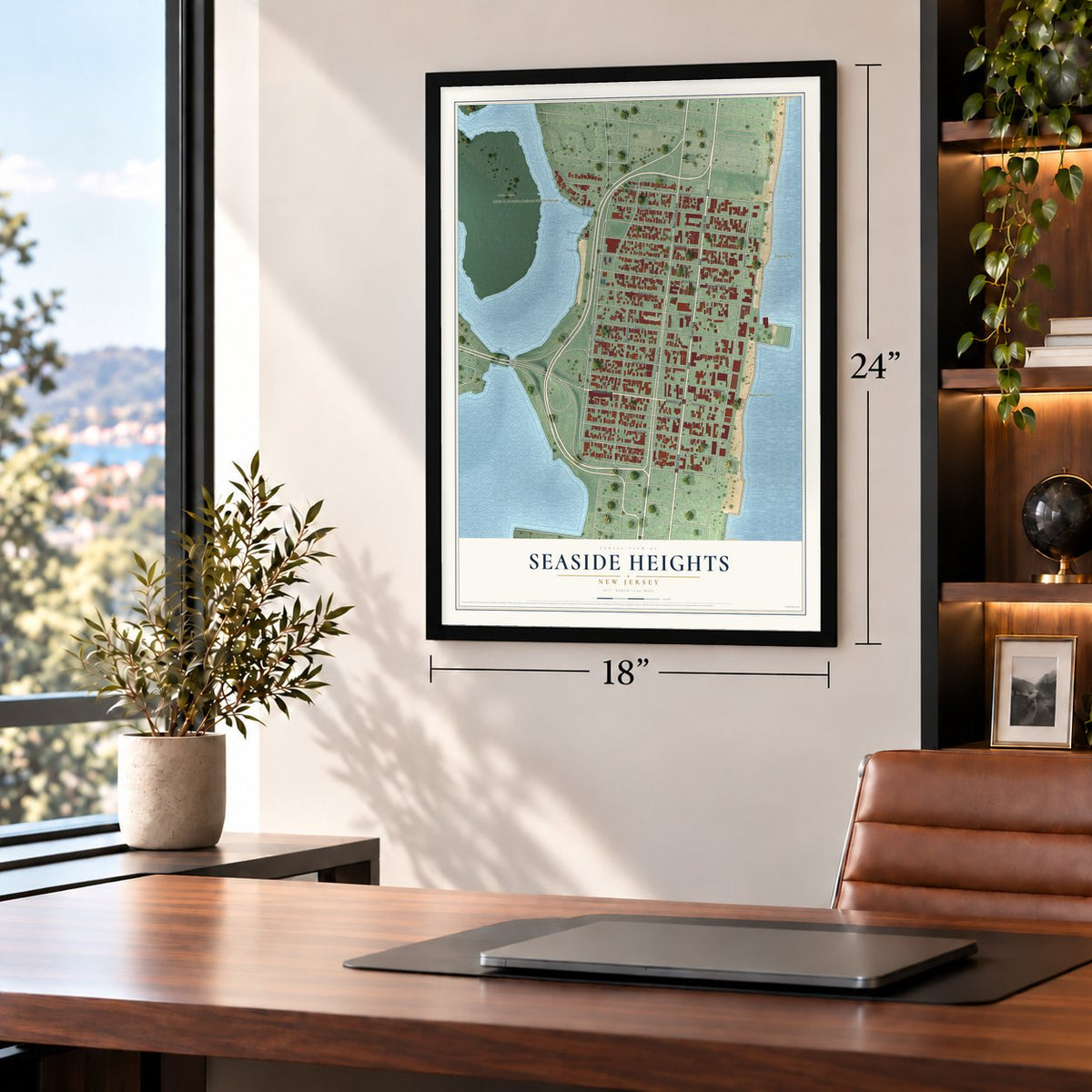 Seaside Heights, New Jersey map, 18 x 24 inch print in a black frame in a home office