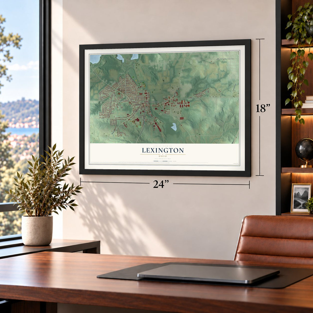 Lexington, Ohio map, 18 x 24 inch print in a black frame in a home office