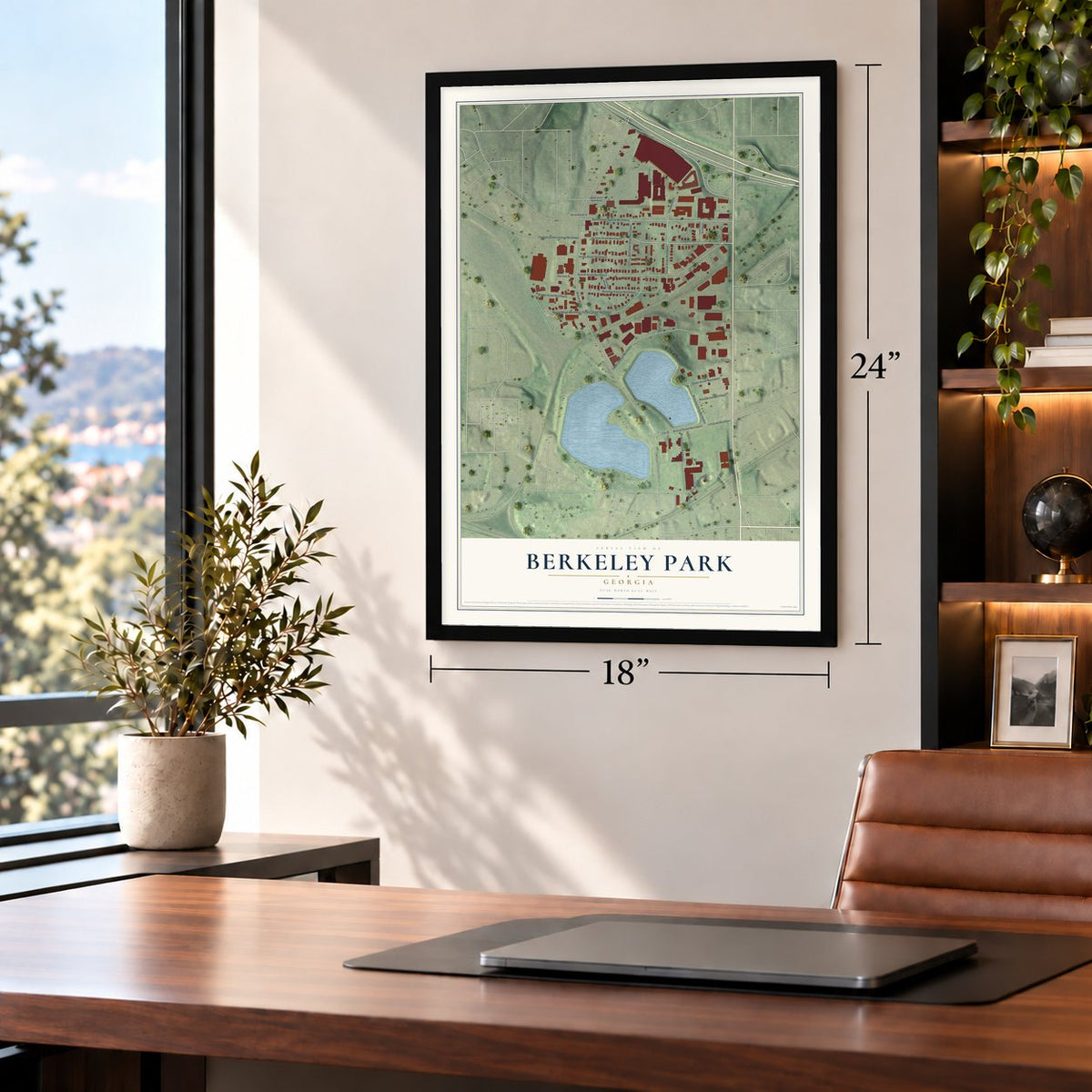 Berkeley Park, Georgia map, 18 x 24 inch print in a black frame in a home office