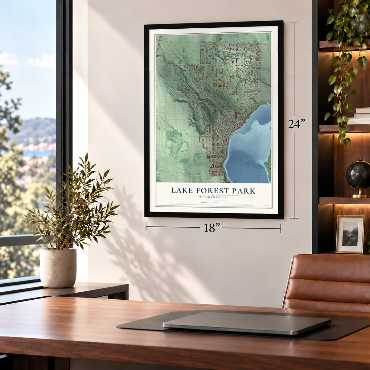 Lake Forest Park, Washington map, 18 x 24 inch print in a black frame in a home office