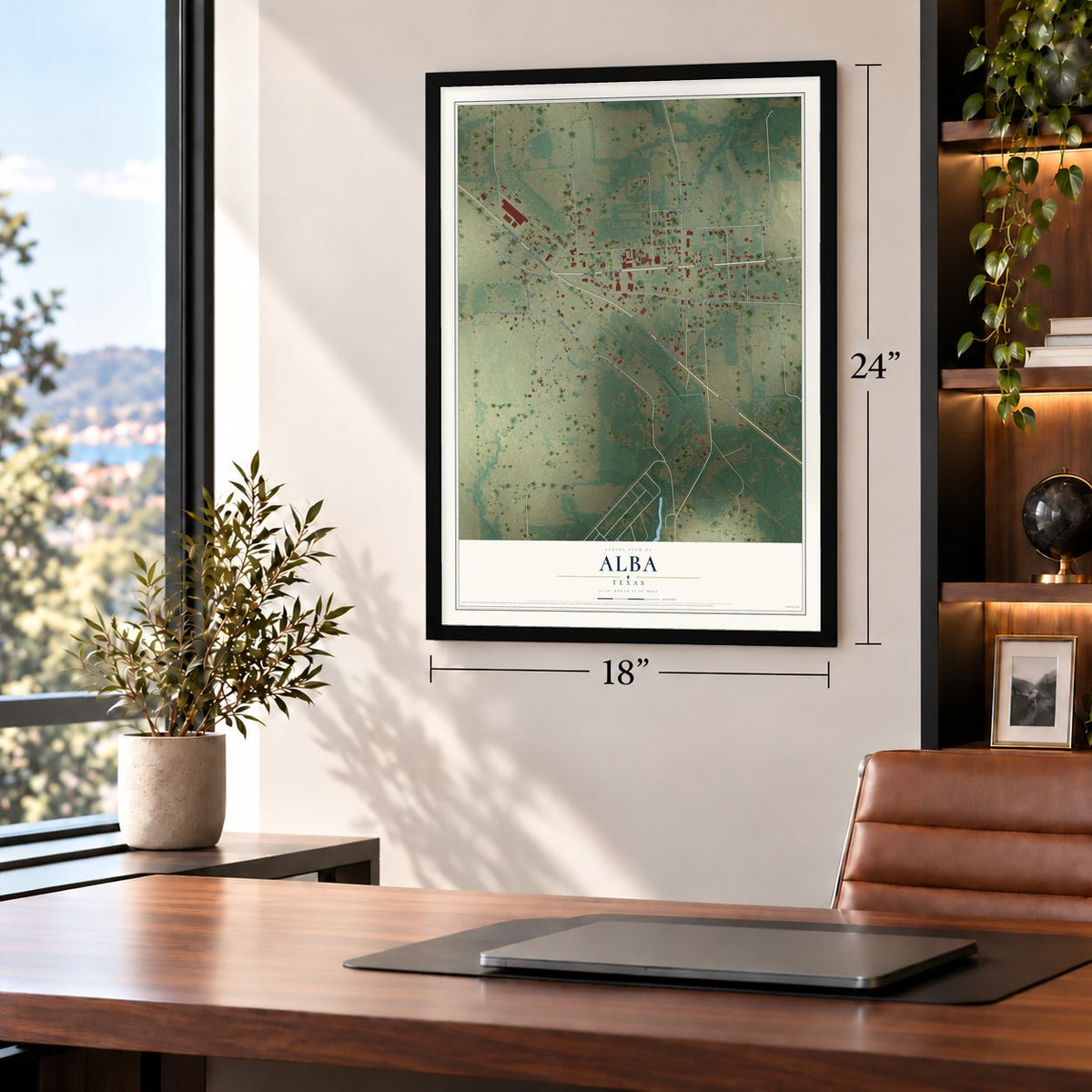 Alba, Texas map, 18 x 24 inch print in a black frame in a home office