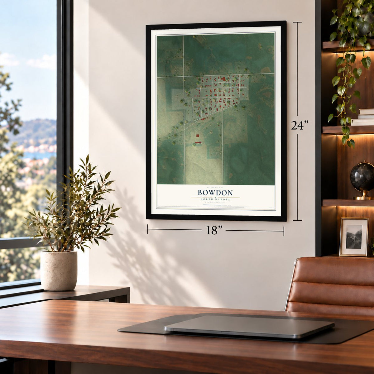 Bowdon, North Dakota map, 18 x 24 inch print in a black frame in a home office