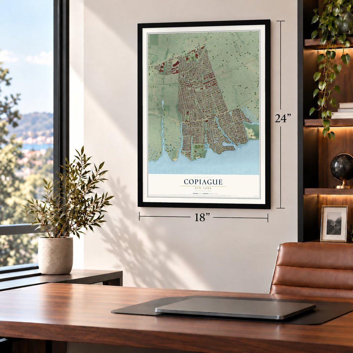Copiague, New York map, 18 x 24 inch print in a black frame in a home office