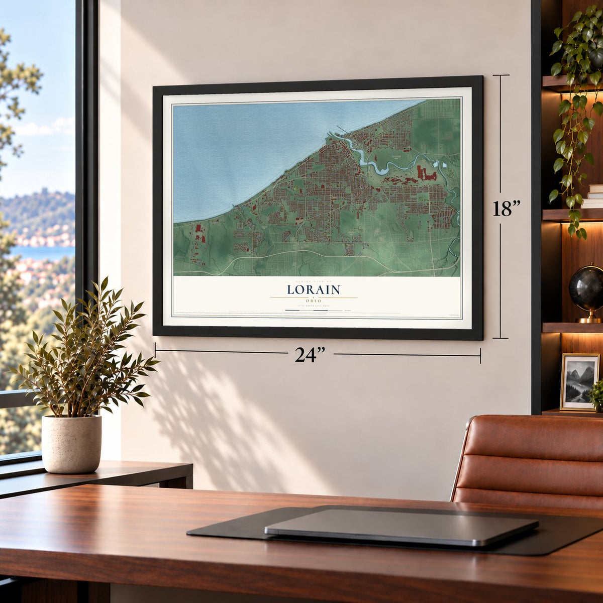 Lorain, Ohio map, 18 x 24 inch print in a black frame in a home office