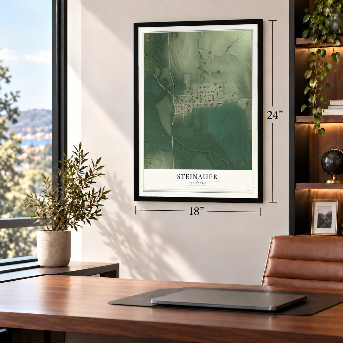 Steinauer, Nebraska map, 18 x 24 inch print in a black frame in a home office