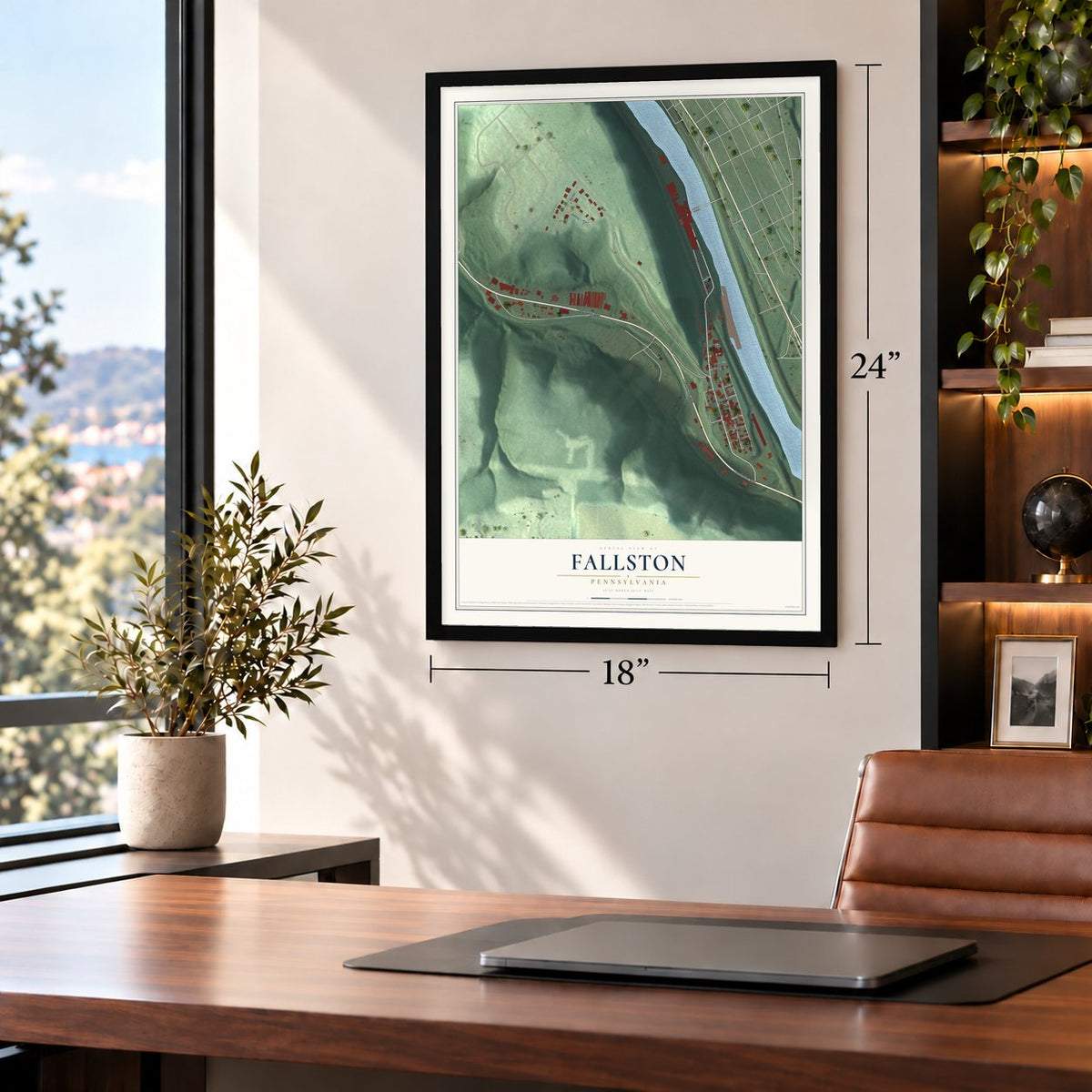 Fallston, Pennsylvania map, 18 x 24 inch print in a black frame in a home office