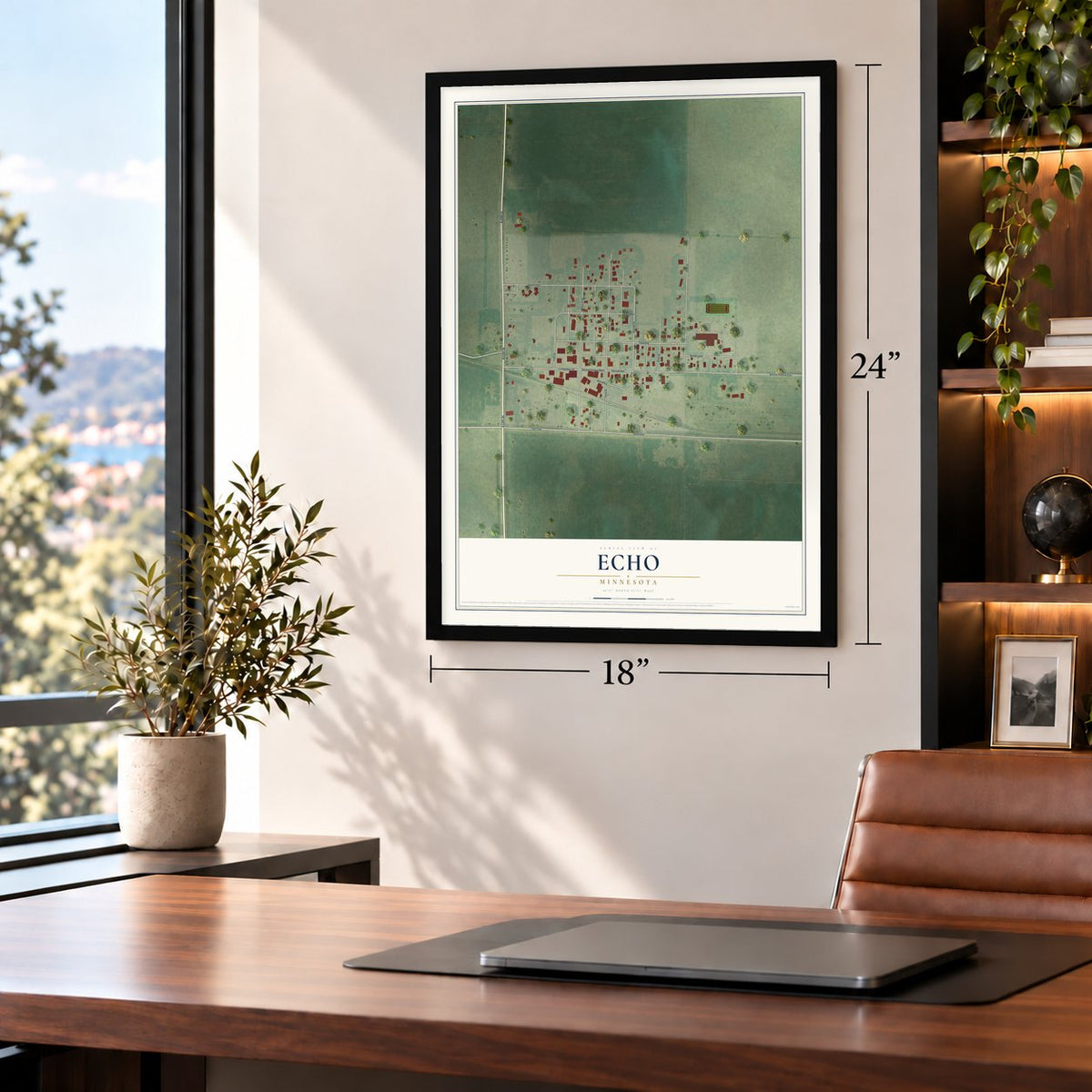 Echo, Minnesota map, 18 x 24 inch print in a black frame in a home office