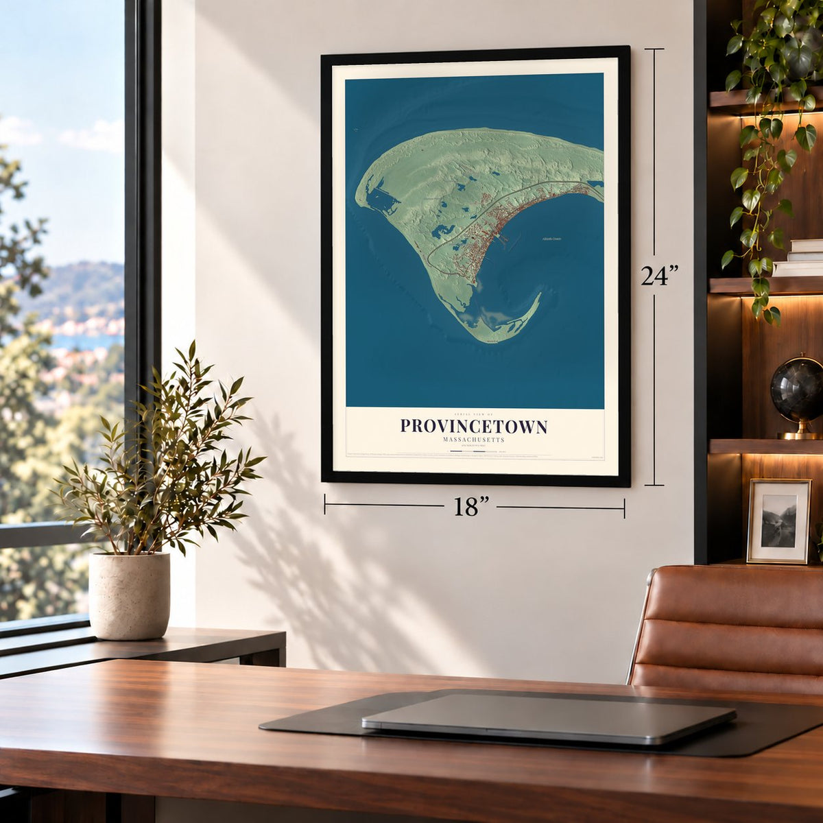 Provincetown, Massachusetts map, 18 x 24 inch print in a black frame in a home office