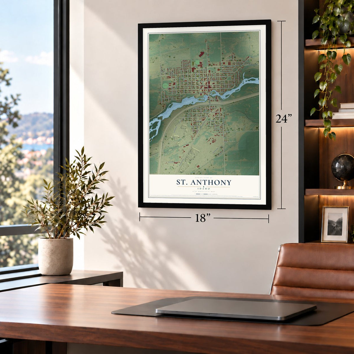 St. Anthony, Idaho map, 18 x 24 inch print in a black frame in a home office