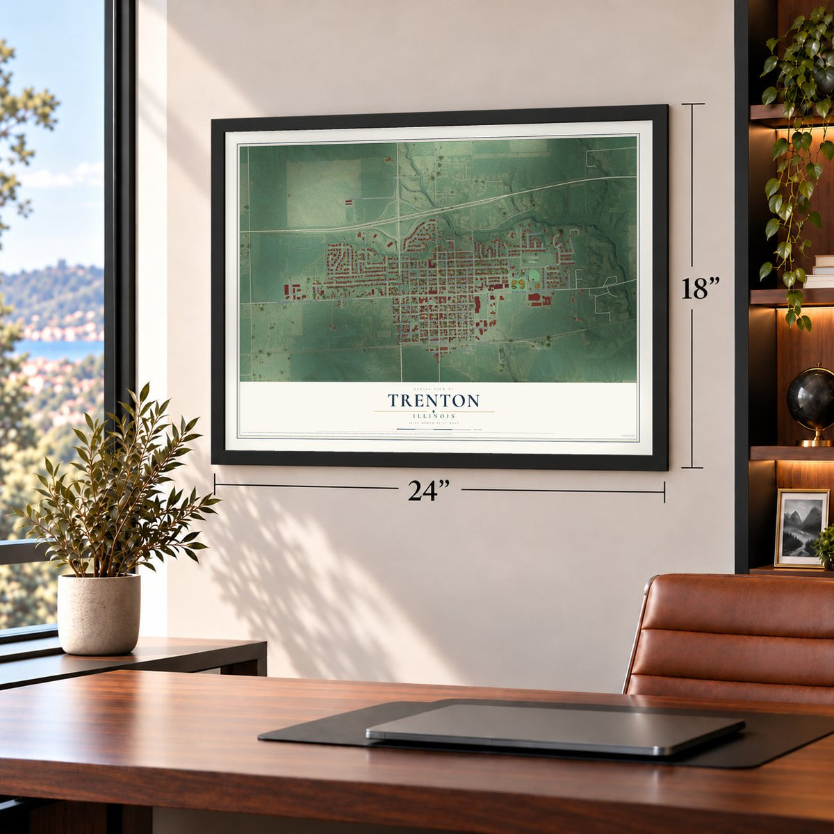 Trenton, Illinois map, 18 x 24 inch print in a black frame in a home office