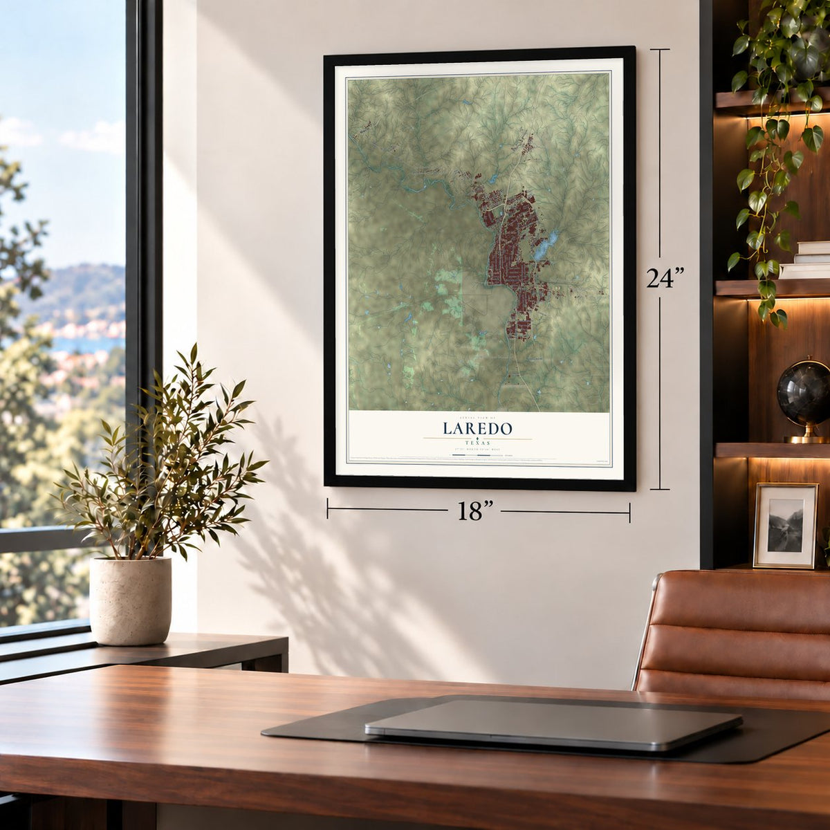Laredo, Texas map, 18 x 24 inch print in a black frame in a home office