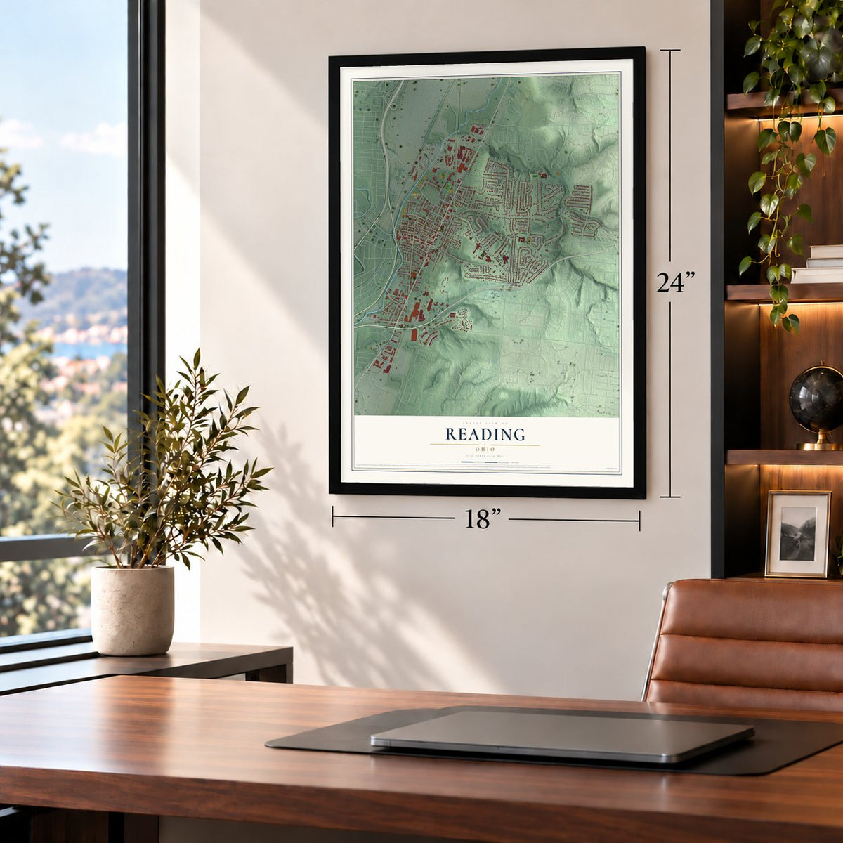 Reading, Ohio map, 18 x 24 inch print in a black frame in a home office