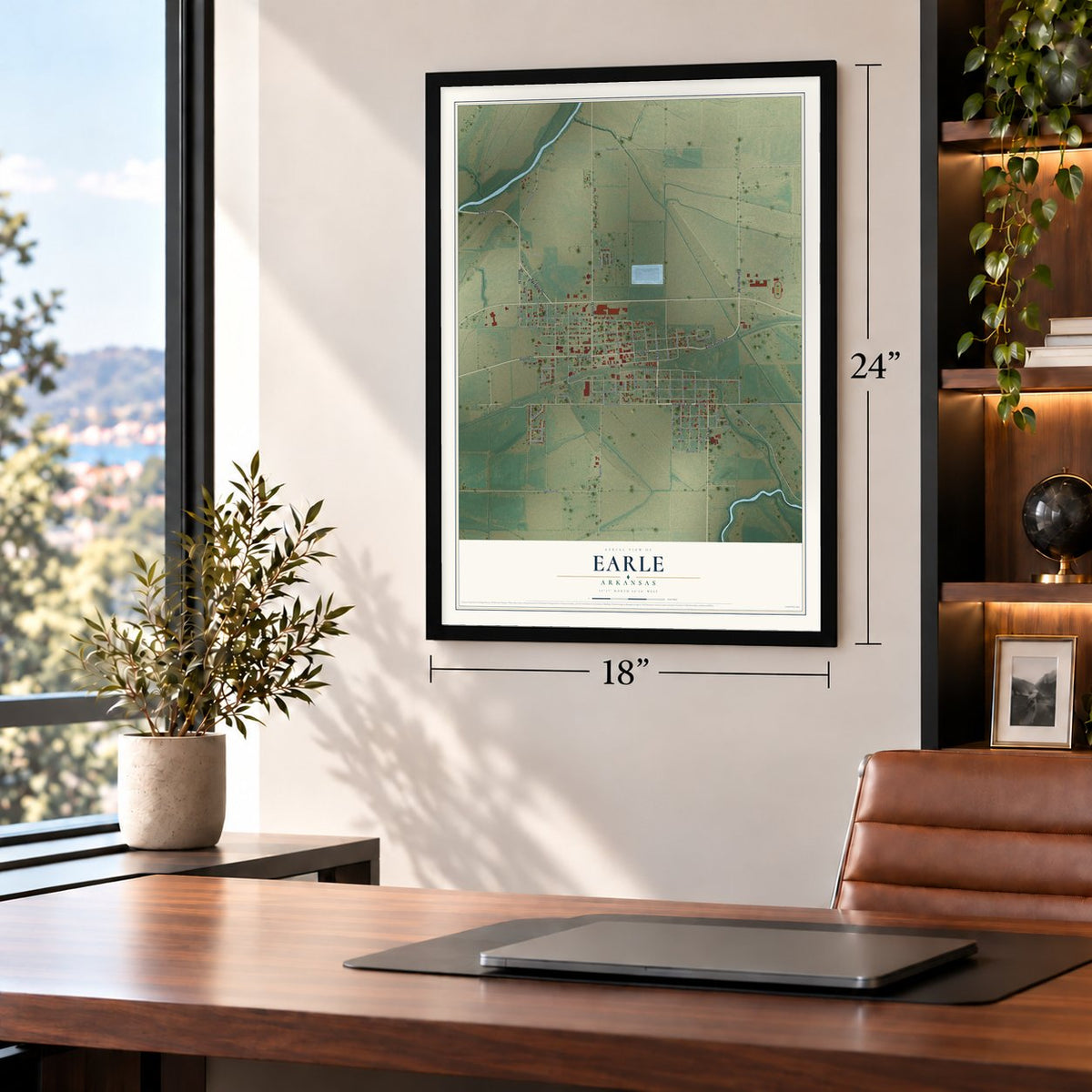 Earle, Arkansas map, 18 x 24 inch print in a black frame in a home office